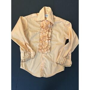 Rare Vtg  70s DELTON Peach Tux Tuxedo Formal Wear Boys Ruffle Ruffled SHIRT Sz M